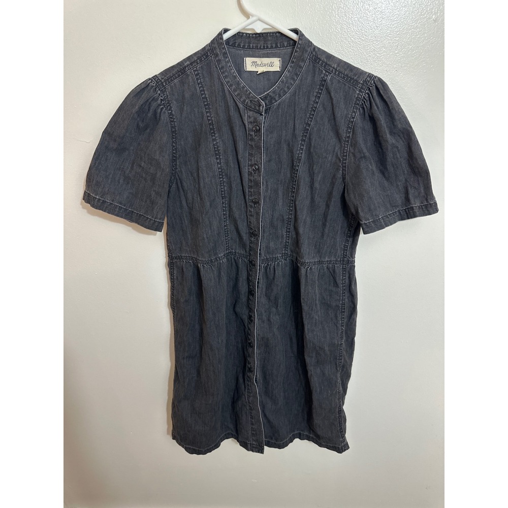 Madewell Black Denim Puff Sleeve Button Front Mini Dress Small Cotton Pocket